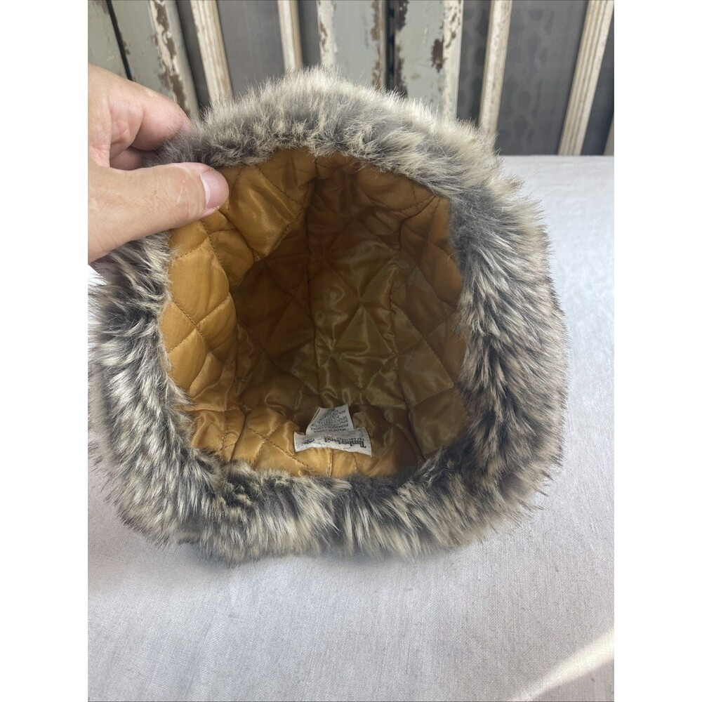 Timberland EUC Canvas Trapper Hat Tan Brown Faux Fur Aviator Winter Bomber Cap - Picture 5 of 9